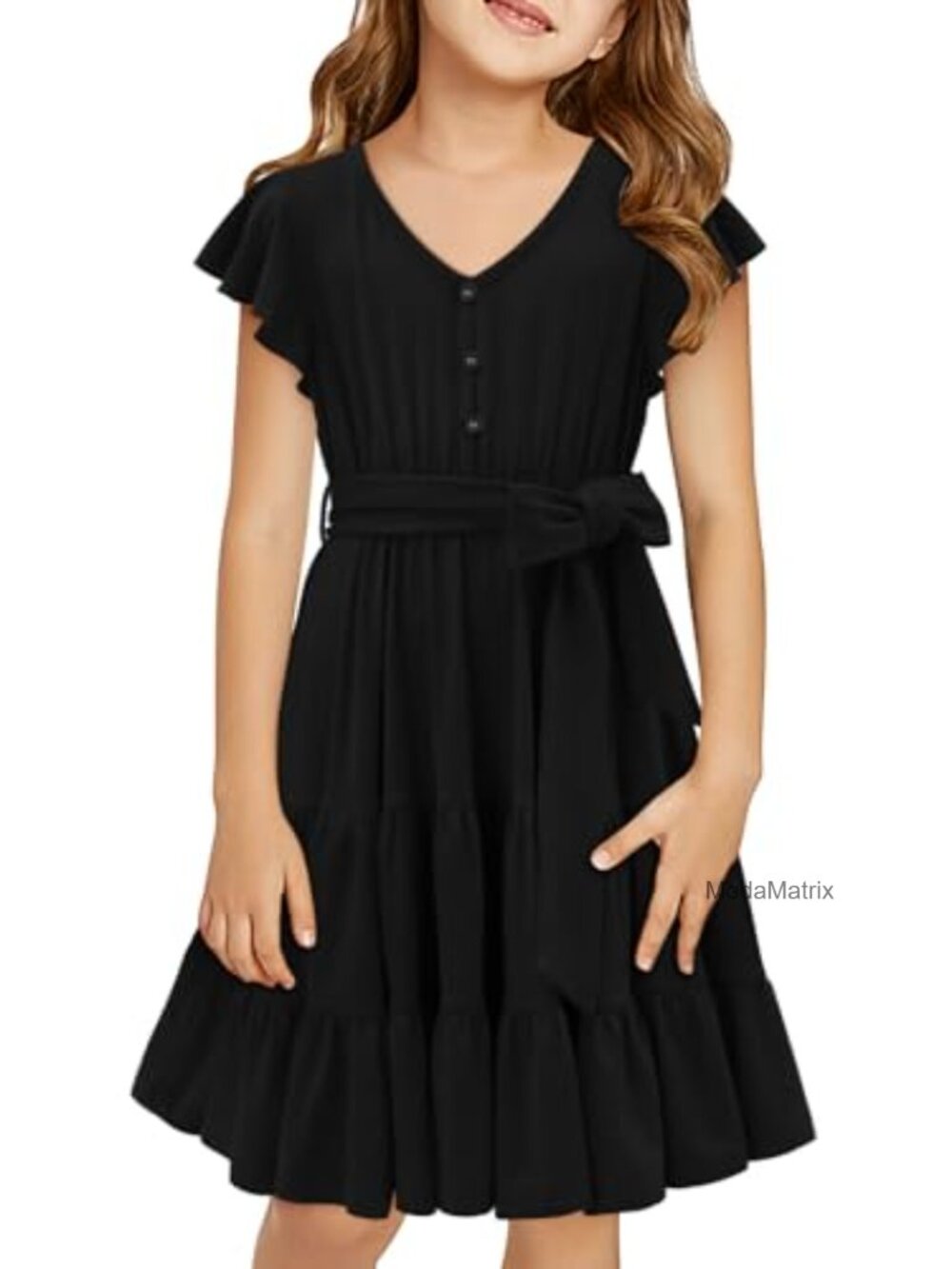 Girls V-Neck Ruffle Sleeve Casual Dress with Removable Belt